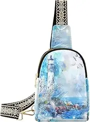 [miaozhen] Watercolor Fauna Lighthouse Blue crossbody bag men sturdy sling bag for women for day pack, Watercolor Fauna Lighthouse Blue