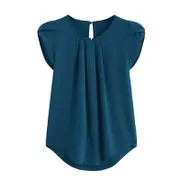 Catzon Womens Casual Round Neck Basic Pleated Top Short Sleeve Curved Keyhole Back Blouse-Navy
