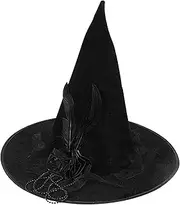 [Generic] Witch Hat | Halloween Witch Costume Hat with Black Decor | Wide Brim Pointed Hat with Pearl Chains Feather Decor for Women Girls