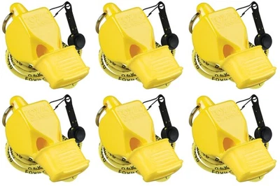 Fox 40 Classic CMG Safety 3-Chamber Pealess Whistle + Lanyard, Yellow (6-Pack)