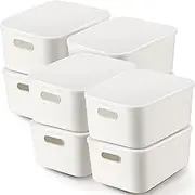 Tuanse 8 Pieces Plastic Storage Bins with Lids,White Storage baskets with Handle Stackable Containers Box For Shelves Drawers Desktop Playroom Classroom Office Organization(14 x 10.5 x 6.5 Inches)