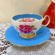 Beautiful Aynsley Blue Cabbage Rose Gilt Large Teacup Saucer Duo Brand New W/Box