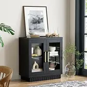 Baztin Buffet Cabinet with Storage, Sideboard Cabinet with Glass Doors, Accent Storage Cupboard Console Table for Kitchen, Hallway, Living Room, Dining Room, Smoked Black Oak