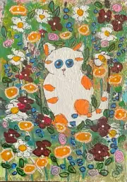 Original painting white Cat flowers on 5x7" canvas panel by Lynne Kohler