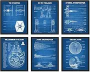 BigWig Prints Star Wars Blueprints - Star Wars Poster, Starwars Wall Decor, Starwars Posters for Walls, Deathstar, Millennium Falcon, X Wing, Tie Fighter, AT-AT Gifts - Unframed Set of 6 (8x10)