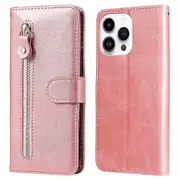 For iPhone 15 Pro Calf Texture Phone Case Zipper Pocket Wallet Foldable Stand Cell Phone Cover