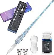 Vintage Glass Crystal Dip Pen And Ink Bottle Nip Holder Rest Set Handmade Star Calligraphy Fountain Beginner Pencil Gift Kit Caligrapher Artist Tip Write Draw Signature Stained Rainbow Art Color Blue