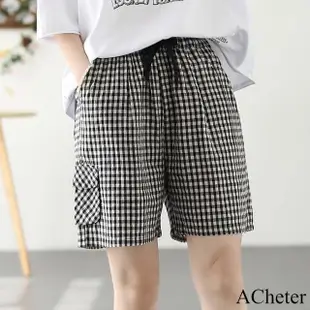 【ACheter】棉麻格子拼色寬鬆鬆緊腰闊腿短褲薄款四分休閒格子褲#117144(2色)