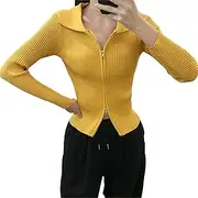 [Generic] Womens V Neck Zip Up Chunky Cable Knit Sweater Long Sleeve Open Front Collared Cardigan Warm Cardigan Outwear Coat