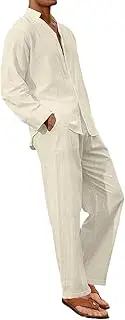 [HanzhuoLG] Men's Cotton Linen Tracksuit Set Solid Color Fashion Loose Stand Collar Long Sleeve Shirt & Pants Two Piece Set Small Beige