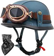 Vintage Leather Motorbike Half Helmet Vintage Half Shell Helmet with Goggles Jet Helmet for Adult Men Ladies Motorcycle Cruiser Scooter DOT/ECE Approved