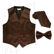 New Men's Solid Tuxedo Vest Waistcoat Necktie & Bowtie Set Formal Wedding Brown