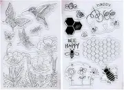 Kwan Crafts 2 Sheets Different Style Happy Bee Flowers Bird Clear Stamps for Card Making Decoration and DIY Scrapbooking
