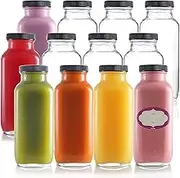 Glass Juice Bottles with Lids [12 Pack] Bulk Glass Water Bottles with Caps for Juicing, Smoothie, Milk, and Kombucha - Homemade Drinking Glass Bottles for juicing - 16 Oz