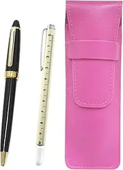 2 Pack Pink Grain Leather Pen Case Slide Measure Indicator Rod and Neo D-600 Ballpoint Pen Set, Black, SASP-708W-600B-2