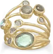 [JewelryWeb] 14k Gold Plated 925 Sterling Silver Polki Diamond and Labradorite Multi Row Ring Non Uniform-Multi-Row Band Style-Ring for Women