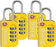 ANVIL TSA Approved Luggage Lock - 4 Digit Combination, 10,000 Combinations, Easy-Read Password Window, Travel Lock for Suitcases, Backpacks, Gym & Student Lockers, Baggage, YELLOW 4 PACK, Compact