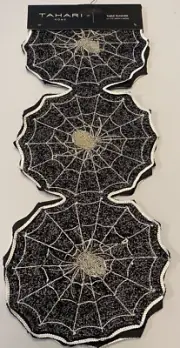 Tahari Halloween 6 section Bk/Silver Spider & Webs Table Runner Beaded 14X72 NWT