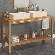 Solid Wood Teak Bathroom Vanity Cabinet with Double Marble Cream Sinks - Durable and Elegant 132 x 45 x 75 cm Cabinet