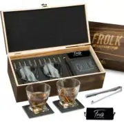 Frolk Whiskey Gift Set With 2 Glasses & 10 Bullet Shaped Chilling Stones NEW