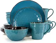 [Elama] Contemporary Round Stoneware Dinnerware Dish Set, 16 Piece, Ocean Blue