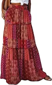 [Timuspo] Women's Maxi Skirts Summer Long Flowy A Line Boho High Elastic Waist Pleated Skirt with 2 Pockets, Boho-red, XL