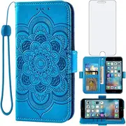 Asuwish Compatible with iPhone 6plus 6splus 6/6s Plus Wallet Case and Glass Screen Protector Flip Card Holder Cell Phone Cover for iPhone6 6+ iPhone6s 6s+ i 6P 6a S Six iPhone6splus Women Men Blue