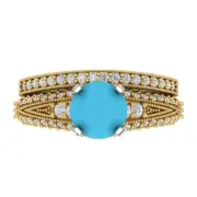 2.1 Round Cut Pave Turquoise Stone Promise Bridal Ring Band set 14k 2 Tone Gold