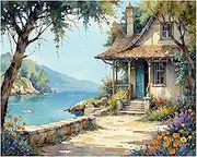 Coastal Flower House Paint by Numbers Kit for Adults - DIY Seaside Cottage and Sailboat Painting on Canvas 16x20 Inches,Acrylic Paint Set,Suitable for Beginners,Ocean Art for Home Decoration