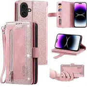 UEEBAI Wallet Case for iPhone 16, 9 Card Holder Slots Zipper Pocket Handbag Case Magnetic Closure Kickstand with Wrist Strap TPU Shockproof Flip Case for Women - Rose Gold