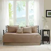 [Madison Park] Cotton Daybed Cover Set-Double Sided Quilting Classic Cottage Design All Season Bedding with Bedskirt, Matching Shams, Decorative Pillow, 39"x75", Quebec Khaki 6 Piece