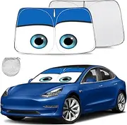 Gven Car Sunshade for Tesla Model 3/Y Windshield Sun Shade Funny Cartoon Eyes Sun Protector 2 Way Use, Accessories for Tesla Model 3/Y (Blue)