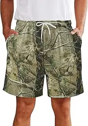 [Flygo] Mens Camo Sweat Shorts Casual Drawstring Elastic Waist Maple Leaf Print Lounge Athletic Short with Pockets