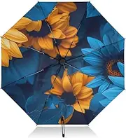 [PDZRMY] UV Protection Travel Umbrella Blue Yellow Sunflowers Compact for Rain and Sun - Auto Open and Close UPF 50+ Windproof Portable 46” Sun Umbrella for Women and Men
