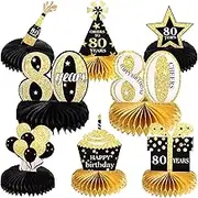 8 Pcs 80th Birthday Table Decorations for Men and Women Happy 80th Honeycomb Centerpieces Black Gold Cheers to 80 Years Decor 1945 Tables Toppers for Eighty Birthday Anniversary Party Favors