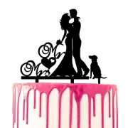 CARISPIBET Wedding Cake Topper Groom and Bride Kiss Flower Bouquet and Pet Dog