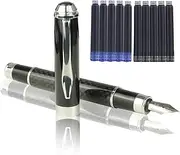 Luxury Fountain Pen, Medium Nib Ink Pen for Writing, Best Pen Gift Set for Men & Women, Fancy Nice Pen with 5 Black & 5 Blue Ink Refills Cartridges, Carbon Fiber Professional Pen for Work, Black