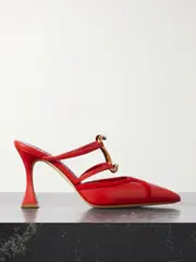 [Manolo Blahnik] Manolo Blahnik - Tituta 90 Embellished Suede-trimmed Leather Mules - Red - IT37 IT 37 Red