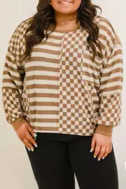 Khaki Striped Checkered Mixed Print Chest Pocket Casual Plus Size Top