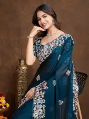 Teal Blue Embroidered Rangoli Silk Saree With Blouse Piece For Women, Piping