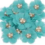 2.36 Inch Rhinestone Chiffon Flower, 15 Pcs Fabric Appliques, Light Blue