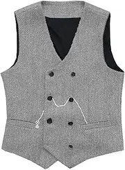 [HEYDHSDC] Men Vests Suit Tweed Wool Double-Breasted Waistcoat Brown Black For Groomsman Wedding Silver Xl