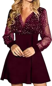 [Generic] Wome's Sexy Mesh Long Sleeve Dress V Neck Sequin Mesh Patchwork Bodycon Mini Dress Elegant Formal A-Line Dress