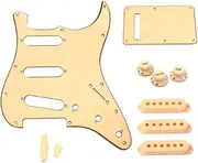 zolyet Set of St Guitar Pickguard SSS Style/Back Plate/50mm 52mm(2pcs) Pickup Covers/2T1V Control Knob/Switch Tip/Bar Tip,1-Ply Golden Pearl Golden