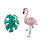 Solid 925 Sterling Silver Asymmetrical Pink Flamingo and Monstera Leaf Earrings