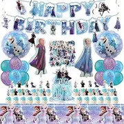 Frozen Birthday Party Supplies for Girls, Frozen Birthday Party Decorations Include Banner, Frozen Balloons, Hanging Swirls, Stickers, Cupcake Toppers, Tablecloth