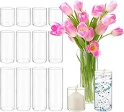 15Pack Glass Cylinder Vase 4,8,12 Inch Tall Clear Vases for Wedding Centerpieces Hurricane Floating Candle Holder Wedding Decorations, Simple Flower Glass Vases Bulk for Party Home Office Decor