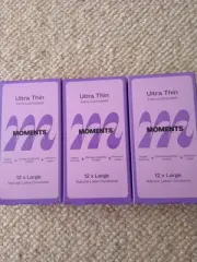 3 Packs Of 12 Ultra Thing, Extra Lubricated "Moments" Condoms Large.