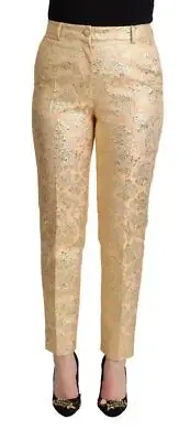 Dolce&Gabbana Women Gold Chino Pants Polyester Brocade Pattern Trousers Sz IT 40