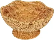 Rattan Fruit Bowl, 10 in Natural Rattan Decorative Pedestal Fruit Bowl, Handmade Woven Footed Bowl Round Pedestal Plate Decorative Bowl for Table Centerpiece, Rustic High Stand Fruit Bowls